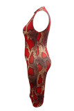 Röd Mode Sexig Plus Size Print Basic Half A Turtleneck ärmlös klänning