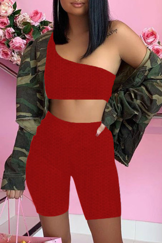 Red Sexy Casual Solid Backless One Shoulder Sleeveless Two Pieces