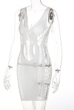 Vit Mode Sexig Solid urholkad Genomskinlig Spaghetti Strap Ärmlösa klänningar