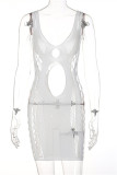 White Fashion Sexy Solid Hollowed Out See-through Spaghetti Strap Sleeveless Dress Dresses