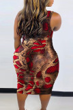 Красное модное сексуальное платье больших размеров с принтом без рукавов
