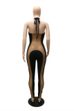 Black Fashion Sexy Patchwork Bandage Doorzichtige Backless Halter Skinny Jumpsuits