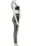 Black Fashion Sexy Solid Patchwork See-through Backless Spaghetti Strap Sleeveless Two Pieces