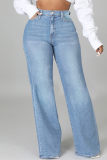 Mittelblaue, modische, lässige, solide Patchwork-Jeans mit hoher Taille und normaler Denim-Jeans