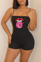 Black Sexy Casual Lips Printed Backless Spaghetti Strap Skinny Romper