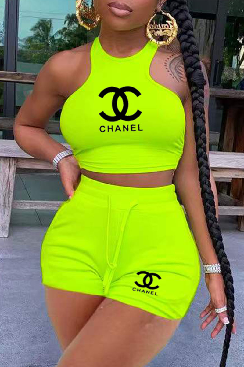 

Fluorescent Green Fashion Sweet Letter O Neck Sleeveless Two Pieces