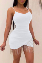White Fashion Sexy Solid Tassel Patchwork Backless Spaghetti Strap Sleeveless Dress Dresses