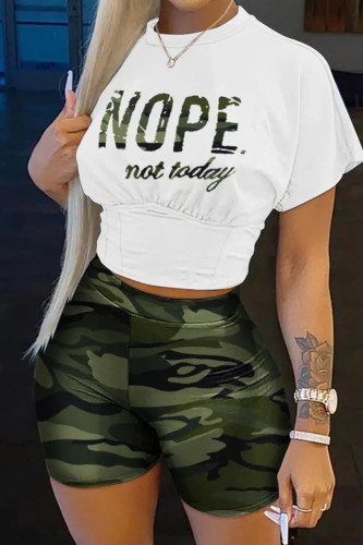 Camouflage Casual Print Patchwork O Neck Short Sleeve Two Pieces