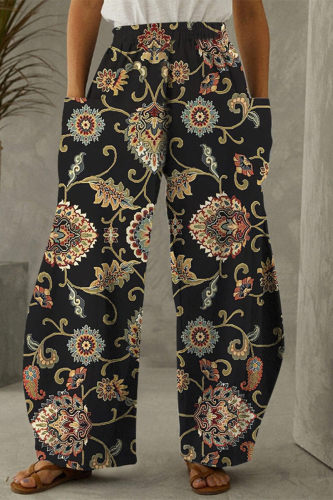 Black Fashion Casual Print Split Joint Pocket Regular High Waist Trousers