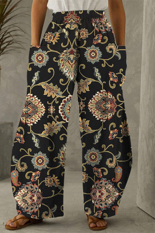 Pantalones de cintura alta regulares con bolsillo de patchwork estampado casual de moda negro