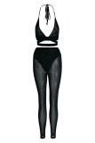 Black Sexy Solid Hollowed Out Patchwork See-through Halter Sleeveless Two Pieces
