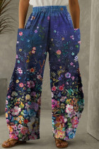 Pantalones de cintura alta regular de bolsillo de patchwork con estampado casual de moda azul