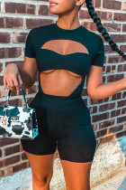 Zwarte Mode Sexy Casual Solide Uitgeholde O-hals Korte Mouw Twee Stukken