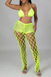 Fluorescent Green Sexy Solid Hollowed Out Patchwork See-through Halter Sleeveless Two Pieces
