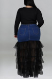 Light Blue Fashion Solid Patchwork Flounce Plus Size(The Stitching On The Skirt Is Yellow)