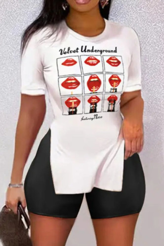White Casual Print Patchwork Slit O Neck Short Sleeve Two Pieces