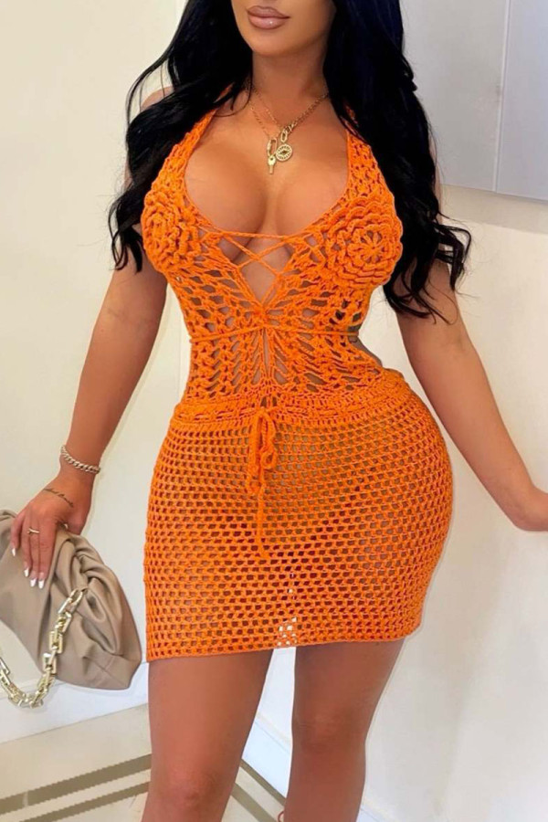 Tangerine Red Sexy Solid Bandage Hollowed Out Patchwork See-through Swimwears Cover Up