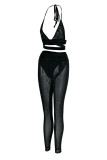 Black Sexy Solid Hollowed Out Patchwork See-through Halter Sleeveless Two Pieces