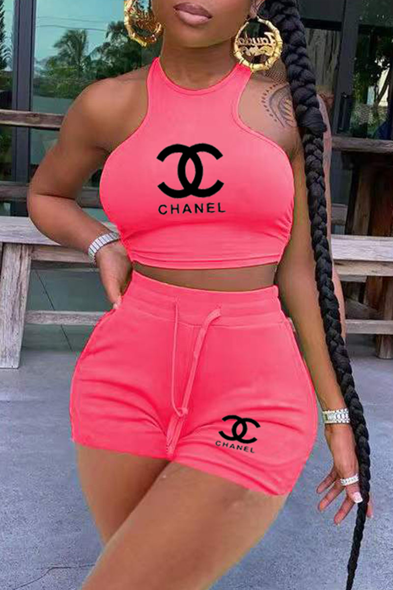 Pink Fashion Sweet Letter O Neck Sleeveless Two Pieces