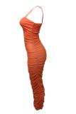 Orange Fashion Casual Solid See-through Backless Fold Spaghetti Strap Long Dress