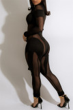 Macacão skinny preto fashion sexy patchwork transparente meia gola alta