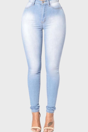 Light Blue Fashion Casual Solid Patchwork High Waist Skinny Denim Jeans