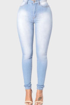 Голубые модные повседневные однотонные лоскутные джинсы скинни с высокой талией