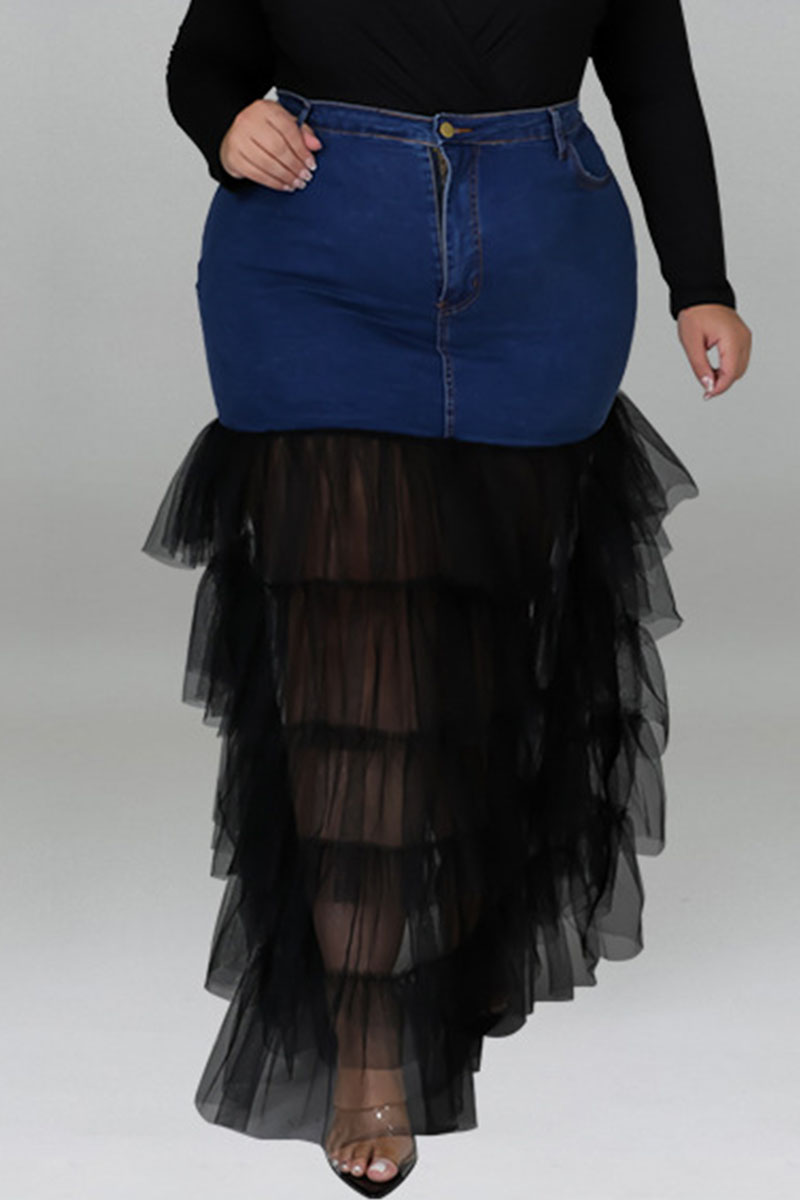 

Deep Blue Fashion Solid Patchwork Flounce Plus Size