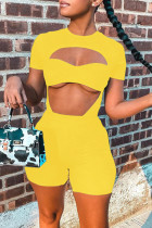 Gelbe Mode Sexy Casual Solide Ausgehöhlter O-Ausschnitt Kurzarm Zweiteiler