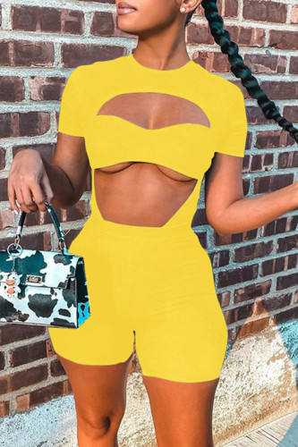Yellow Fashion Sexy Casual Solid Hollowed Out O Neck Short Sleeve Two Pieces