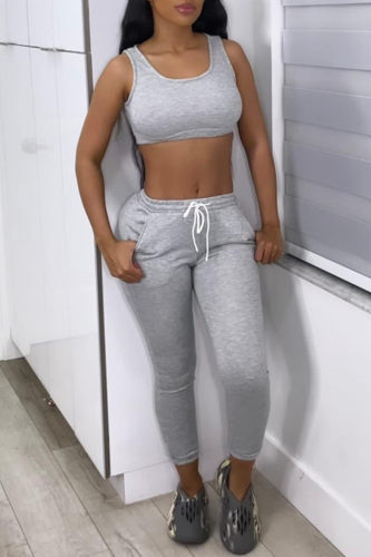 Grey Casual Sportswear Solid Vests Pants U Neck Sleeveless Two Pieces