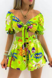 Green Sexy Vacation Print Bandage Patchwork V Neck Short Sleeve Two Pieces