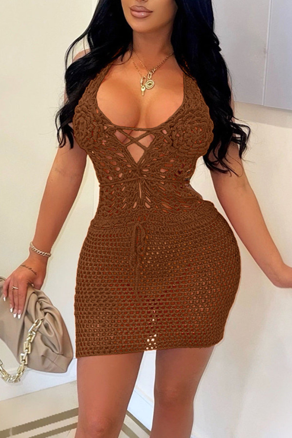 Brown Sexy Solid Bandage Hollowed Out Patchwork See-through Swimwears Cover Up