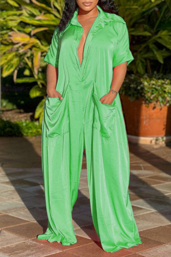 Green Casual Solid Split Joint Turndown Collar Loose Jumpsuits