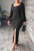 ブラックファッションカジュアルソリッドスリットスクエアカラー長袖ドレス