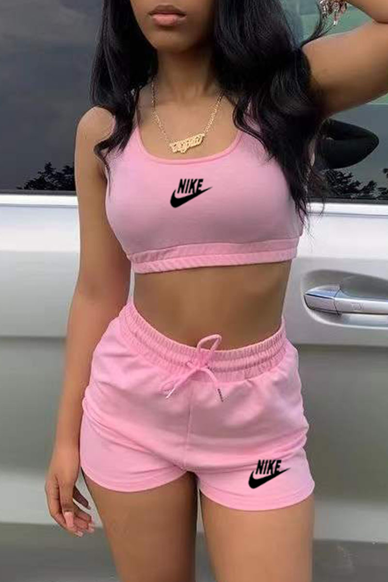

Pink Fashion Casual Print Letter U Neck Sleeveless Two Pieces