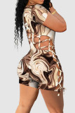 Khaki Sexy Print Hollowed Out Patchwork Backless O Neck Regular Rompers