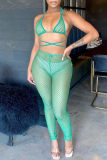 Green Sexy Solid Bandage Hollowed Out See-through Backless Halter Sleeveless Two Pieces