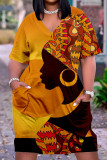 Желто-коричневые повседневные прямые платья с уличным принтом в стиле пэчворк с V-образным вырезом