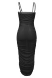 Zwarte mode casual effen doorzichtige backless vouw spaghettibandjes lange jurk