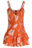Tangerine Red Sexy Floral Print Flounce Spaghetti Strap Sleeveless Two Pieces Cami Tops Ruffle Hem Shorts Set