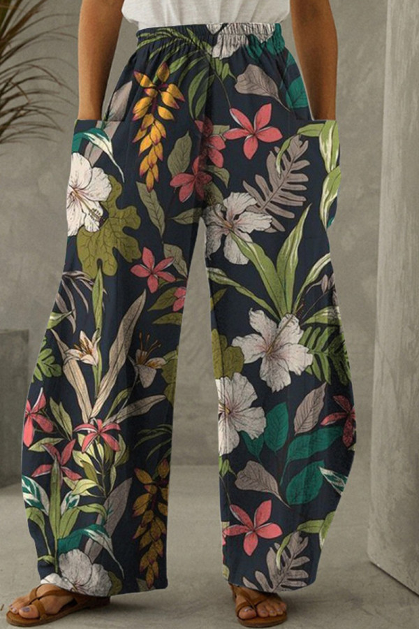 Pantaloni a vita alta regolari con tasca patchwork stampa casual moda verde nero