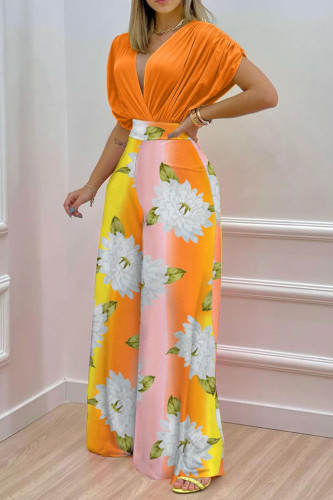 Orange Sexy Print Patchwork Fold V Neck Short Sleeve Two Pieces