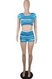 Blue Fashion Casual Striped Print Basic O Neck Short Sleeve Two Pieces
