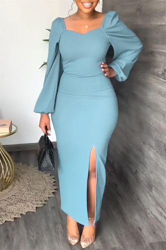 Blue Fashion Casual Solid Slit Square Collar Long Sleeve Dresses