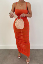 オレンジファッションカジュアルソリッドシースルーバックレスフォールドスパゲッティストラップロングドレス