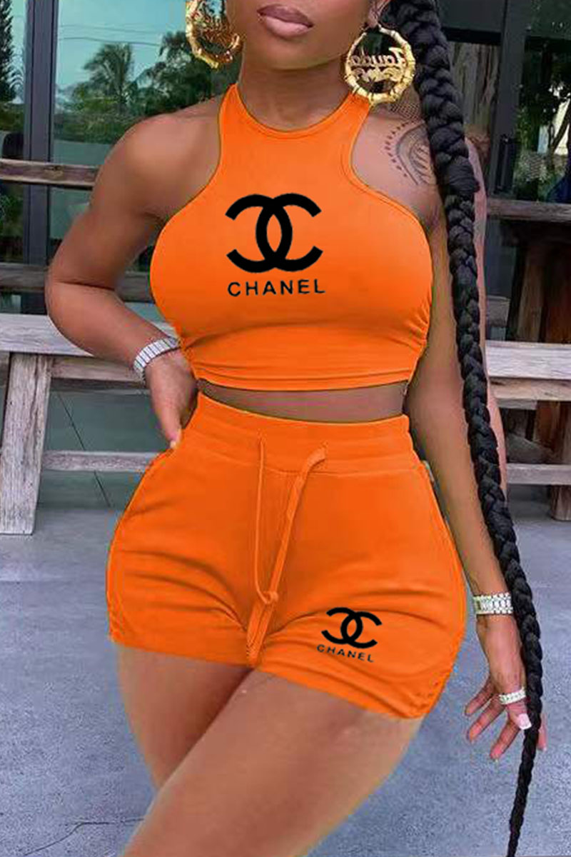 

Orange Fashion Sweet Letter O Neck Sleeveless Two Pieces