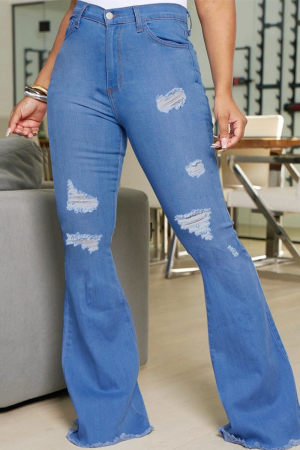 Blue Fashion Casual Solid Ripped High Waist Regular Flare Leg Denim Jeans