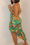 Зеленый модный сексуальный принт с повязкой на спине Спагетти ремень нерегулярное платье