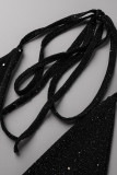 Черный сексуальный однотонный ажурный лоскутный прозрачный бретелька без рукавов из двух частей